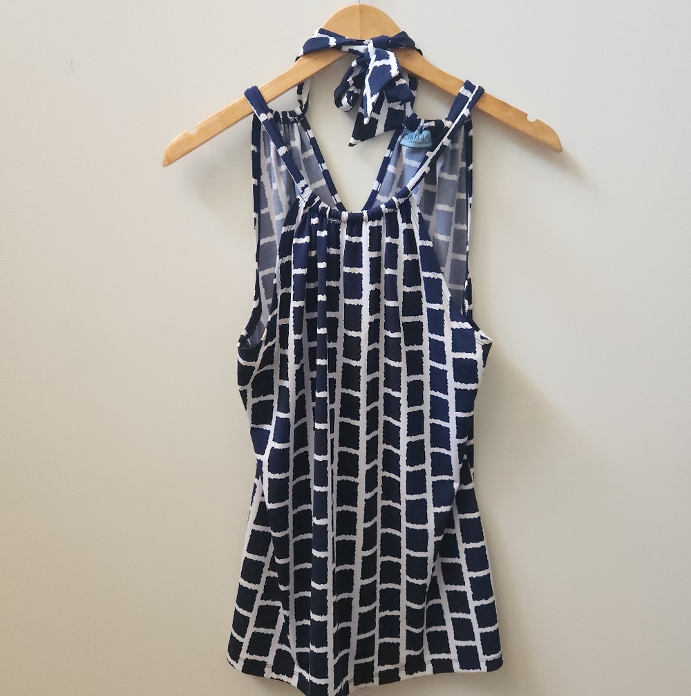 Cynthia Rowley Navy White Grid Print Halter Tank Top Stretch Sleeveless M